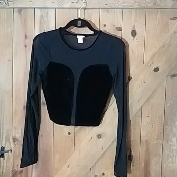 90s Black Velvet and Mesh Long-sleeved Top M - Picture 1 of 4